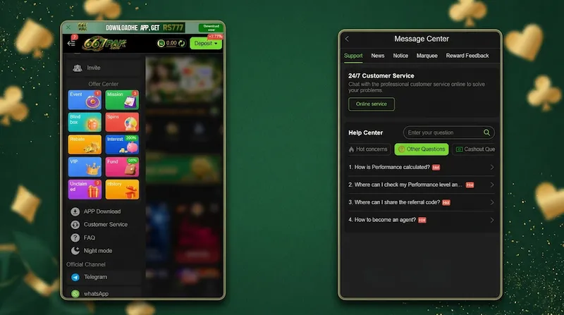 667PAK Game menu option and 24/7 customer support help center interface