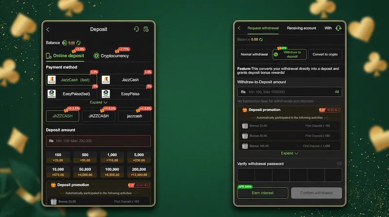 667PAK Game deposit and withdrawal interface showing JazzCash and EasyPaisa options