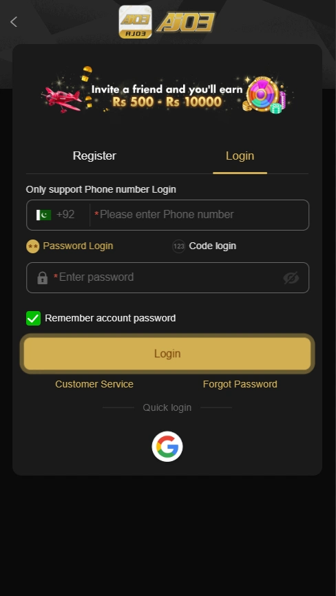 Aj03 game registration screen banner showing step-by-step account setup with phone number verification and OTP login