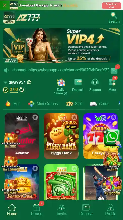 AZ777 game main homescreen interface displaying available games, wallet balance, deposit options, and reward icons