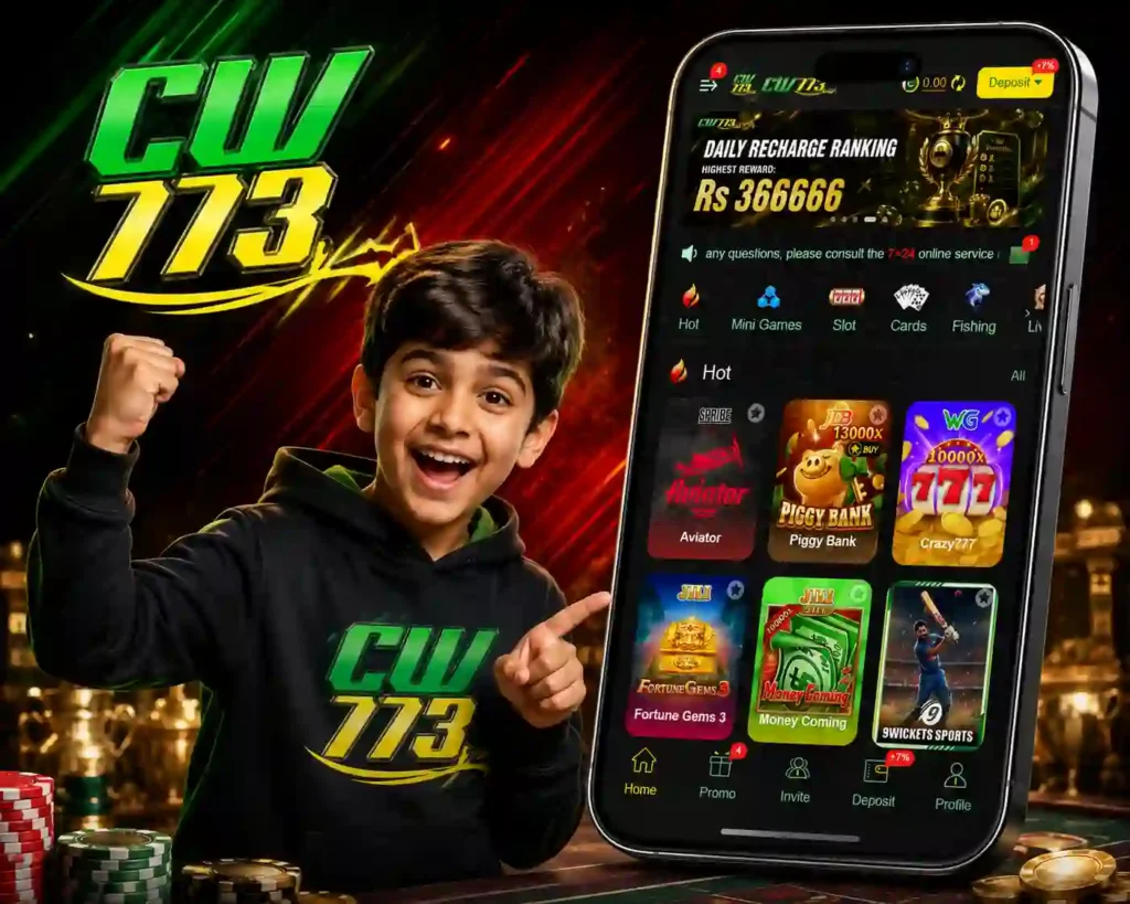 CW773 Game APK home screen screenshot showing game categories, gaming logos, and CW773 app interface
