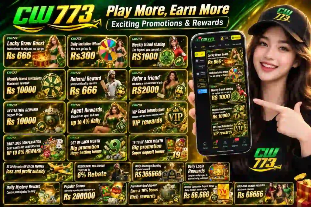 CW773 Game promotions and bonuses featuring referral rewards, VIP benefits, daily rewards and deposit offers