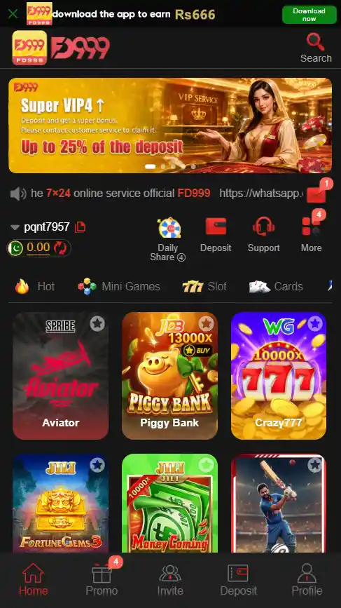 FD999 Game APK main homescreen interface showing available games and wallet balance