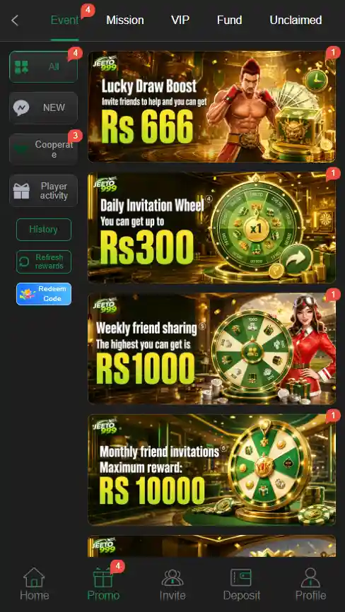 JEETO999 game bonuses and promotions screen displaying daily check-in rewards, sign-up bonus, and referral commission offers