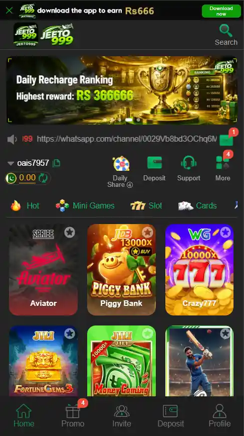 JEETO999 game homescreen interface showing available games, user balance, and earning features in Pakistan