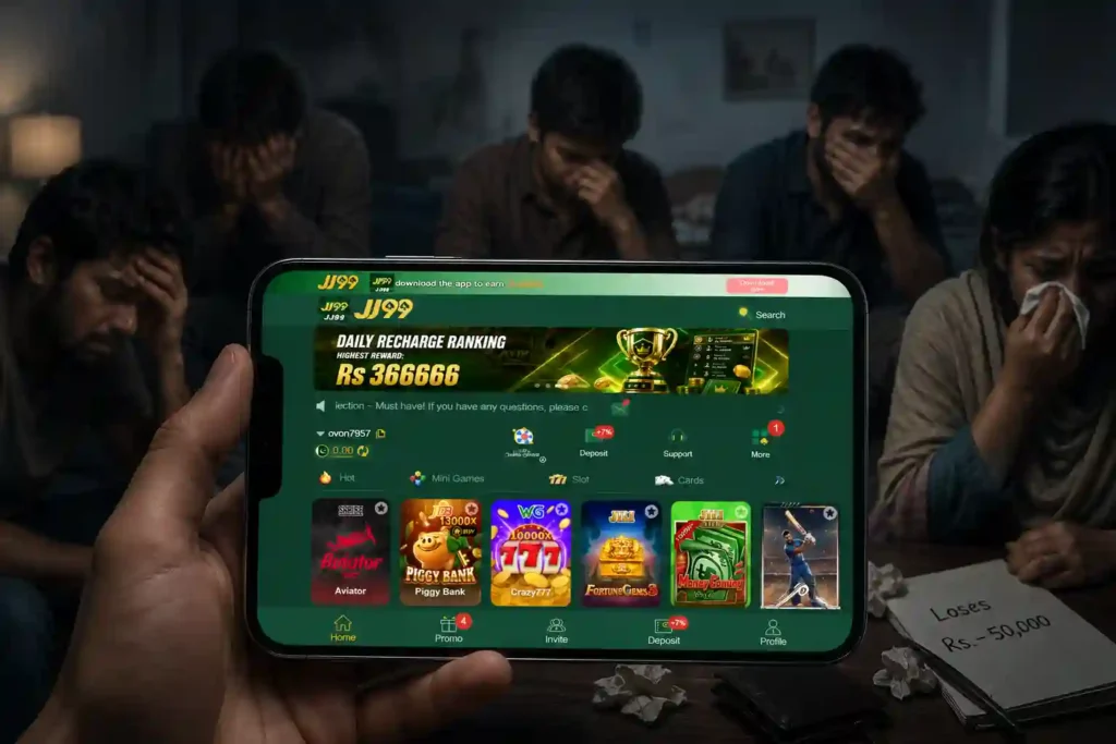 Smartphone screen showing JJ99 Game app interface with stressed and upset users crying in the background due to money loss