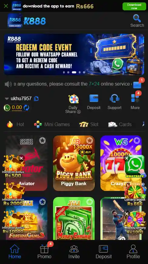 K888 game main homescreen interface displaying online games, account balance, deposit options, and reward icons