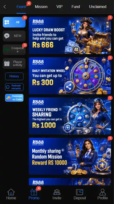 K888 game promotional rewards screen showing welcome bonus, daily check-in perks, and referral rewards