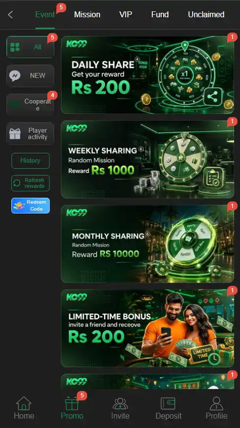 KC99 Game app promotions page showing daily bonuses and referral rewards