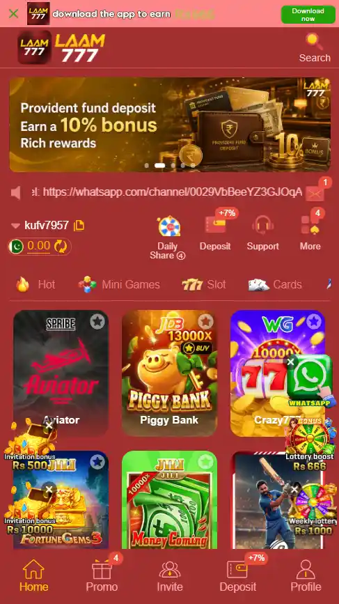 LAAM777 Game homescreen interface showing available card games, slots lobby, and account dashboard