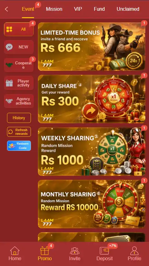 LAAM777 Game promotional rewards screen displaying daily check-in bonuses and referral earnings