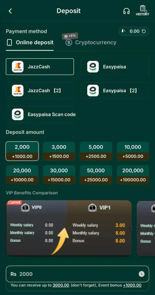PkRupees Game deposit methods including Easypaisa JazzCash Bank Transfer and Cryptocurrency