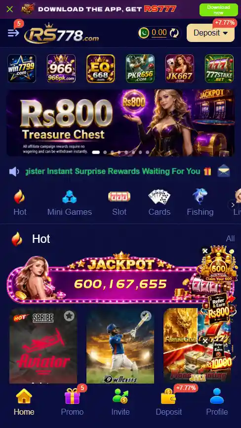 RS778 Game app homepage interface showing online casino games, slots, and PKR balance dashboard
