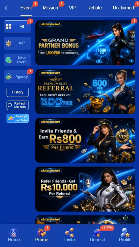 SLOTSTAKE Game promotion dashboard displaying daily sign-in rewards, welcome deposit bonus, and referral commission panel