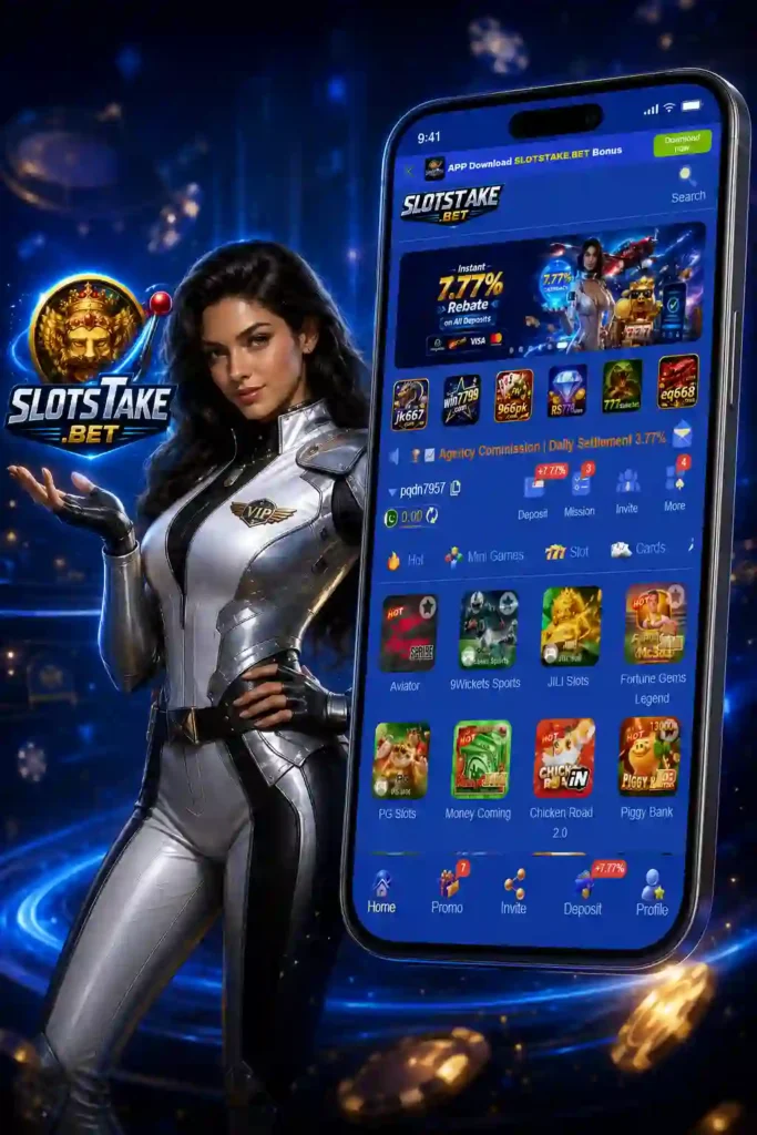 SLOTSTAKE Game homescreen dashboard displaying mini games lobby, slot reels, and wallet balance
