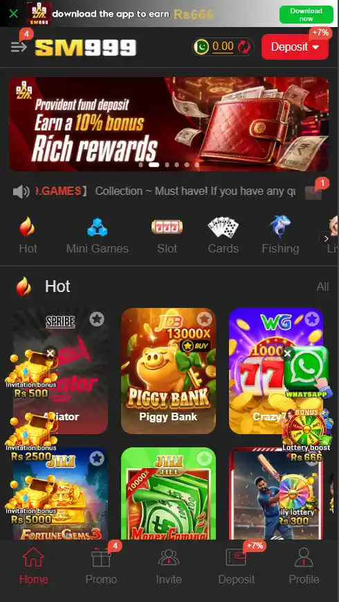 SM999 Game homepage screen displaying available mini games, slots, and account balance lobby