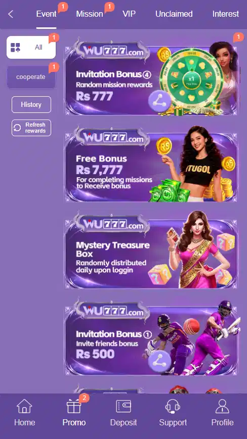 WU777 game promotional rewards screen showing welcome bonus, daily check-in perks, and referral commission deals