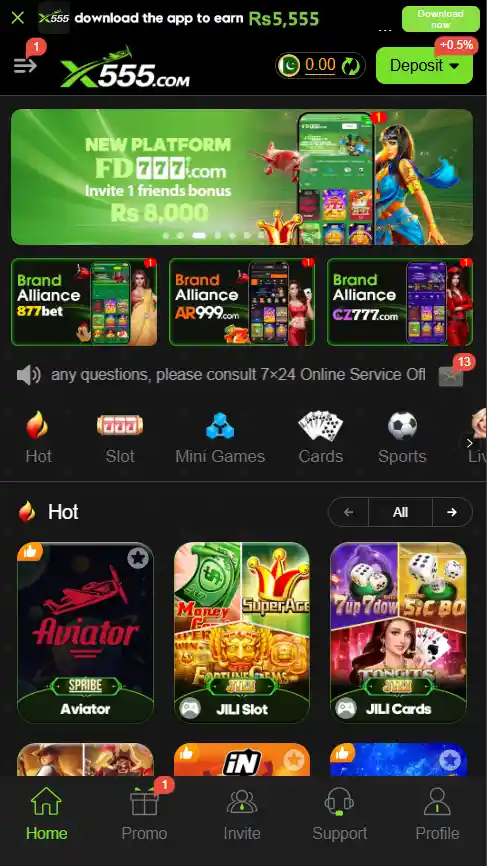 X555 Game APK daily bonuses, deposit rewards, and referral promotion screen.