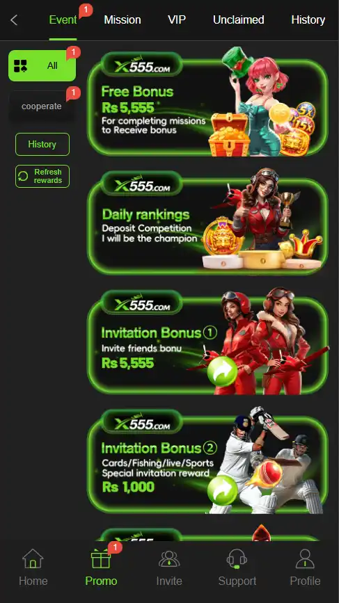 X555 Game APK rewards page showing welcome bonuses, referral commissions, and daily check-in offers