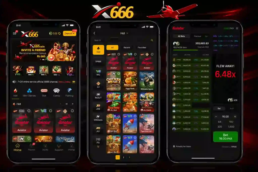 X666 Game APK dashboard featuring homescreen interface, available slot games catalog, and live Aviator game play
