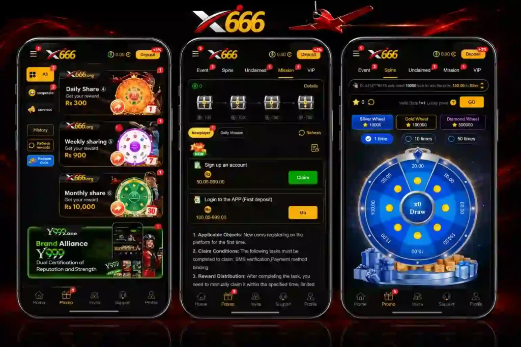 X666 Game APK promotions dashboard showing deposit bonuses, daily lucky spins, and referral rewards