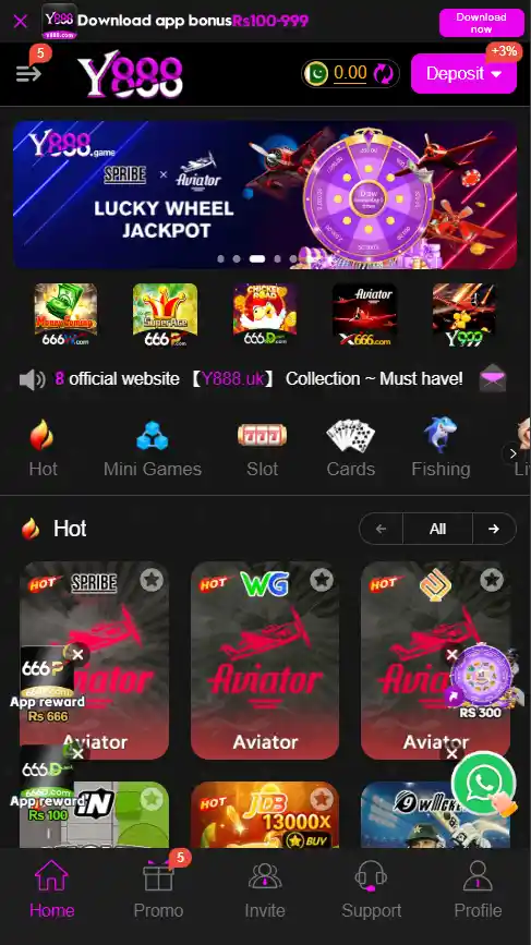 Y888 game homescreen interface displaying available games, wallet balance, and earning features in Pakistan