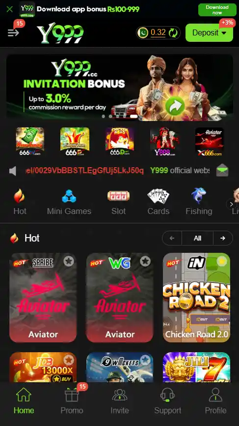 Y999 Game APK main home screen interface showing game dashboard and user balance