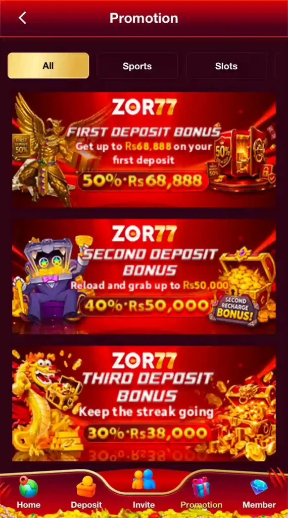 ZOR77 Game Promotional Banner Showing Special Offers and Bonuses