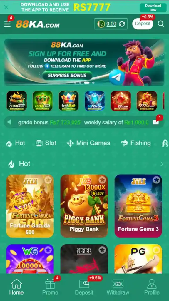 88KA Game app main dashboard interface displaying game categories, wallet balance, and menu options