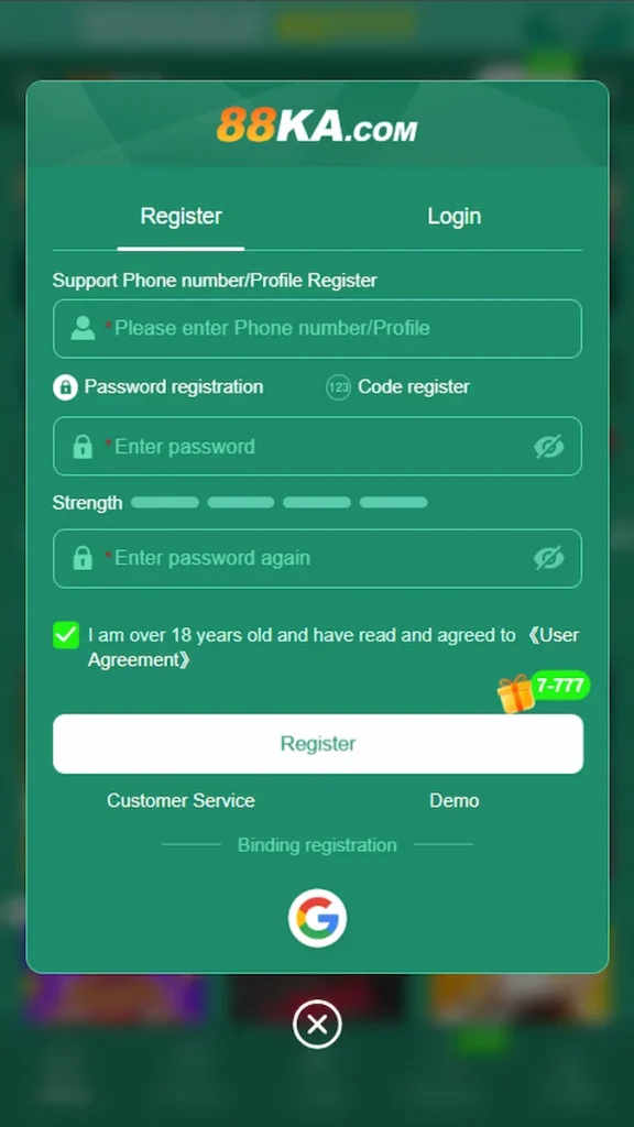 A combined view of the 88KA Game registration and login screens on a mobile device interface.