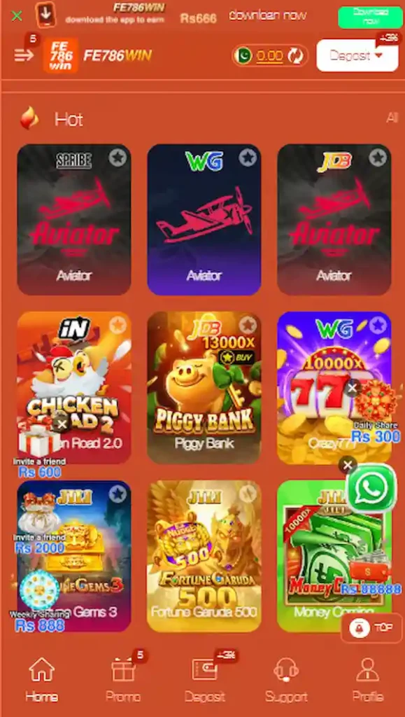 FE786WIN Game Dashboard Featuring Hot Games and Aviator