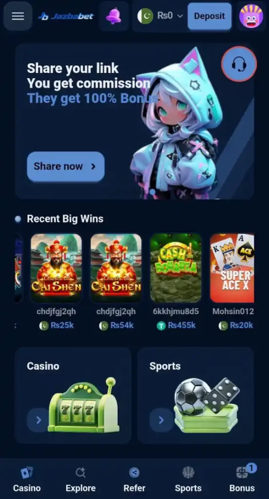 JazbaBet Game App Home Dashboard and Features