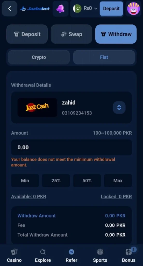 JazbaBet Game Withdrawal Interface and JazzCash Account
