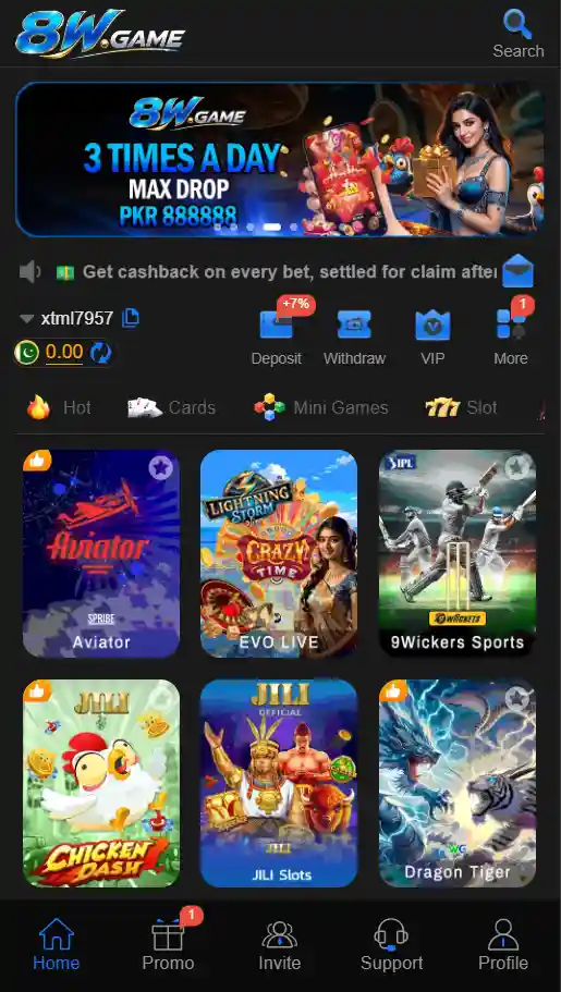 8W Game home screen showing 8W App interface, game categories, deposit and withdrawal options